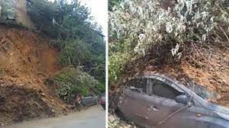 Car damaged after being hit by debris