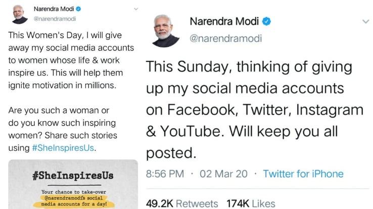 Modi says 'will handover his social media accounts to “women who inspire”'