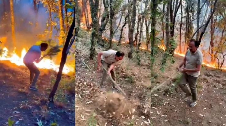 Sirmaur: Industries Minister Harshvardhan Chauhan engaged in extinguishing the terrible fire.