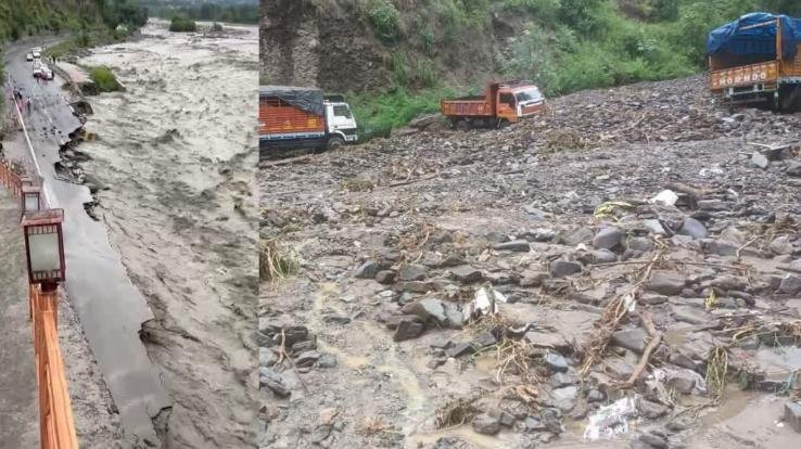 Kullu: Bus and car hit by flood in Sainj, building under construction washed away by Beas river