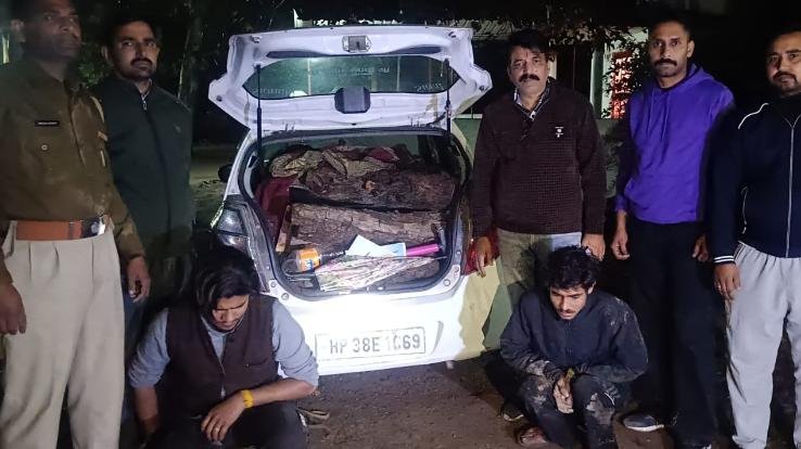 Crackdown on Khair smugglers in Indora, Alto car carrying illegal Khair logs caught