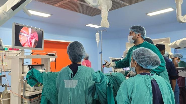 Experts performing live gynecological endoscopic surgery