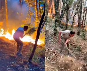 Sirmaur: Industries Minister Harshvardhan Chauhan engaged in extinguishing the terrible fire.