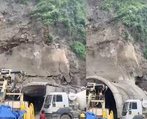 Heavy landslide at the mouth of four lane tunnel under construction in Dhali, Shimla.