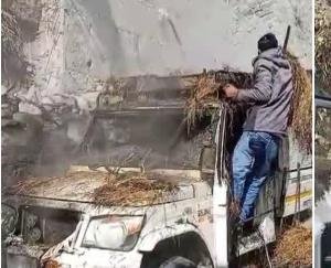 Kullu: A jeep filled with grass passing under the transformer suddenly caught fire.